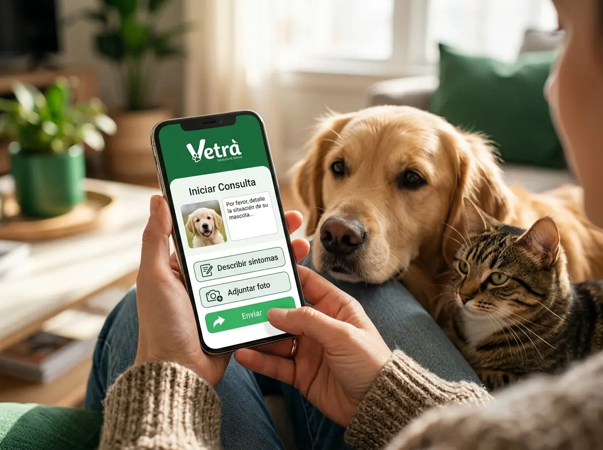 Persona escribiendo consulta en celular con mascota